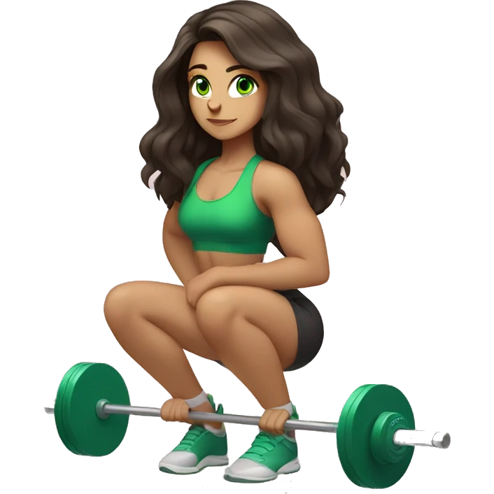 girl with long dark brown hair and green eyes squatting with a barbell emoji