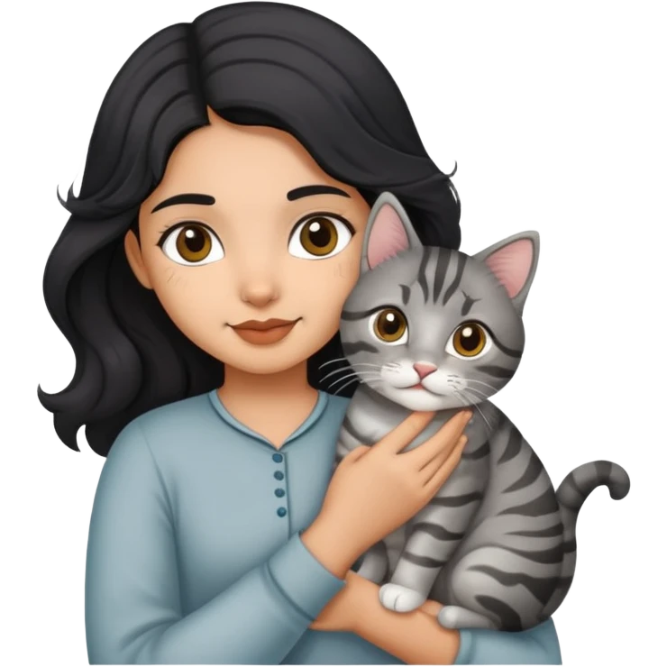 Indian girl with wavy hair holding grey tabby cat emoji