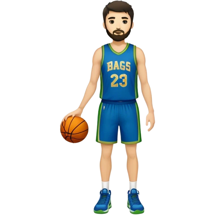 Full Body  white male basketball player with short shaggy dark hair and gold tee beard wearing blue and green uniform emoji