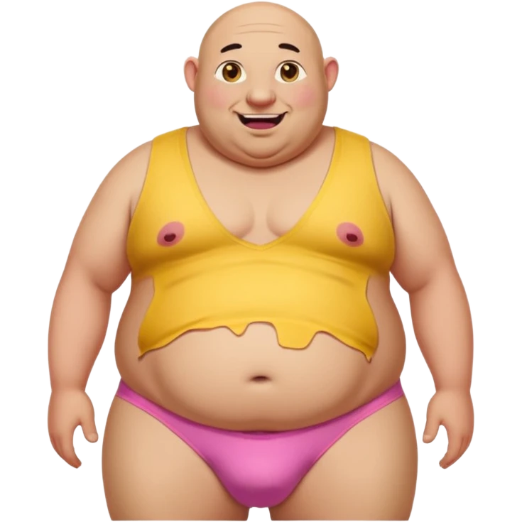Old really fat and bald. This huge belly and really round pink nipples. has big ears and 2 long beaver like big yellow brown buck teeth. he has white saggy underwear with holes and yellow pee stains in front of underwear.   emoji