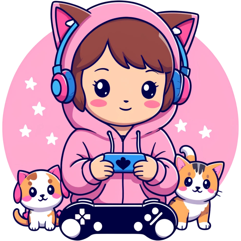 A brown-haired cartoon girl in a pink sparkly hoodie with headphones on, holding a game controller, surrounded by hearts, stars, and a puppy and kitten cuddling at her feet in anime style emoji