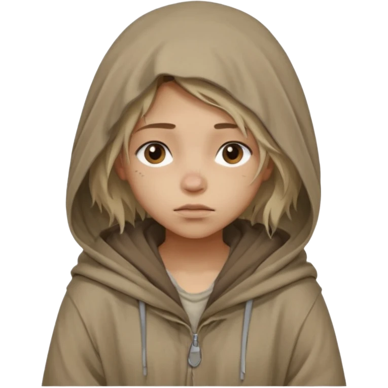 Young beggar little girl character, chest-up portrait, wearing worn and oversized clothes, hair is visible, no hat or such, neutral earth-tone fabric, slightly messy hair peeking from under a hood, tired but gentle eyes, subtle dirt marks on face, emoji