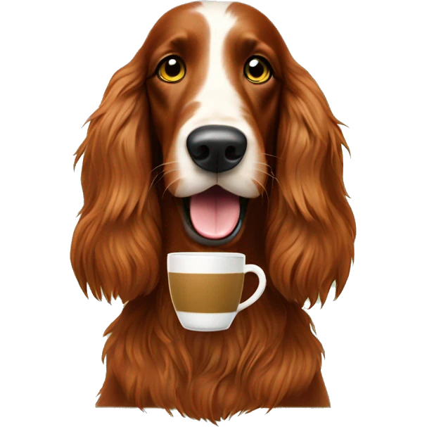 Happy Irish setter with coffee emoji