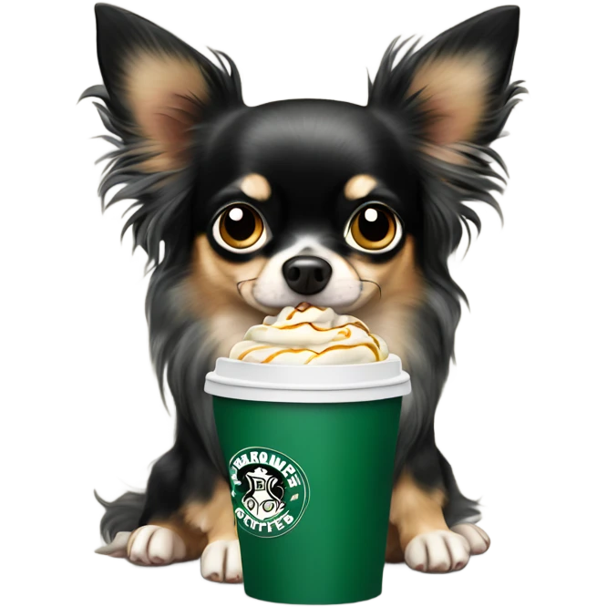 Black Merle long hair chihuahua drinking Starbucks  emoji