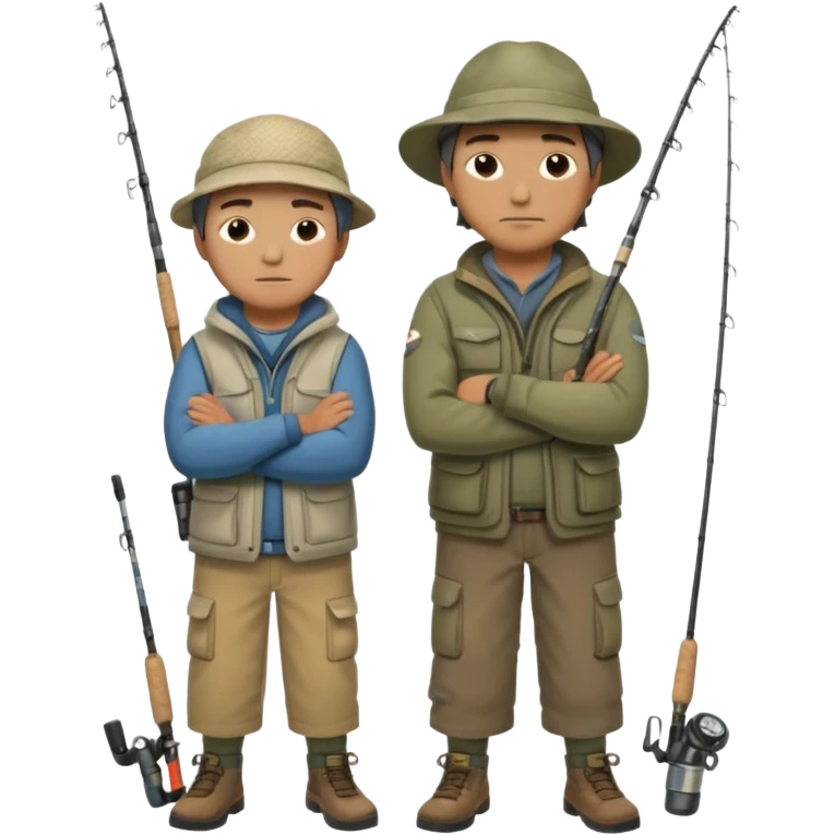 Father and son in fishing gear, arms crossed because they are cold full body emoji