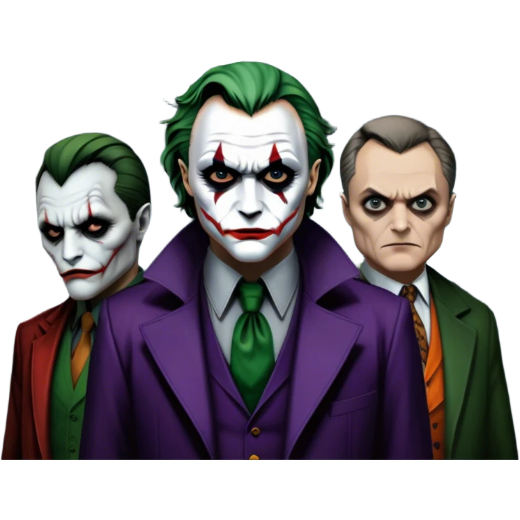 Thriller movie icon: A close-up collage with eerie, dramatic elements. Include the Joker, Hannibal Lecter, and a dark, moody Gotham City skyline in the background. The characters should look intense and shadowed, creating a tense atmosphere. Transparent background. emoji