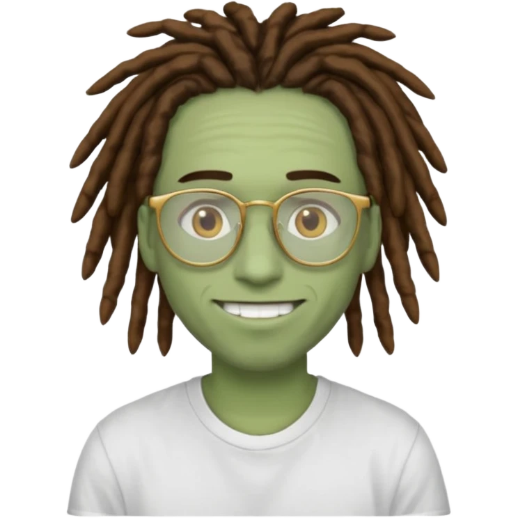 man with brown dreads white tee golden eyes light green skin glasses and white smile emoji