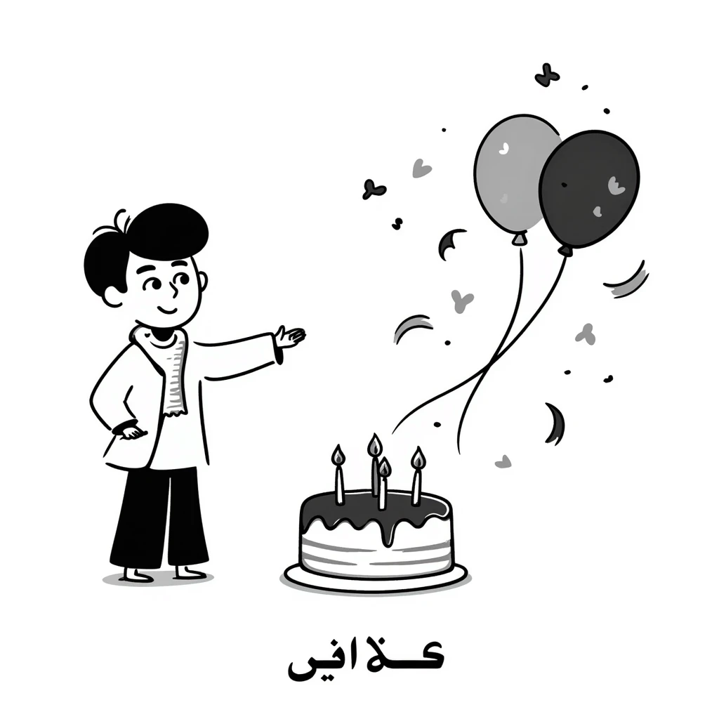 A happy little boy celebrating with a birthday cake with lit candles, balloons and streamers in the background. Include the Persian text at the bottom saying: "امیدرضاجان تولدت مبارک" emoji