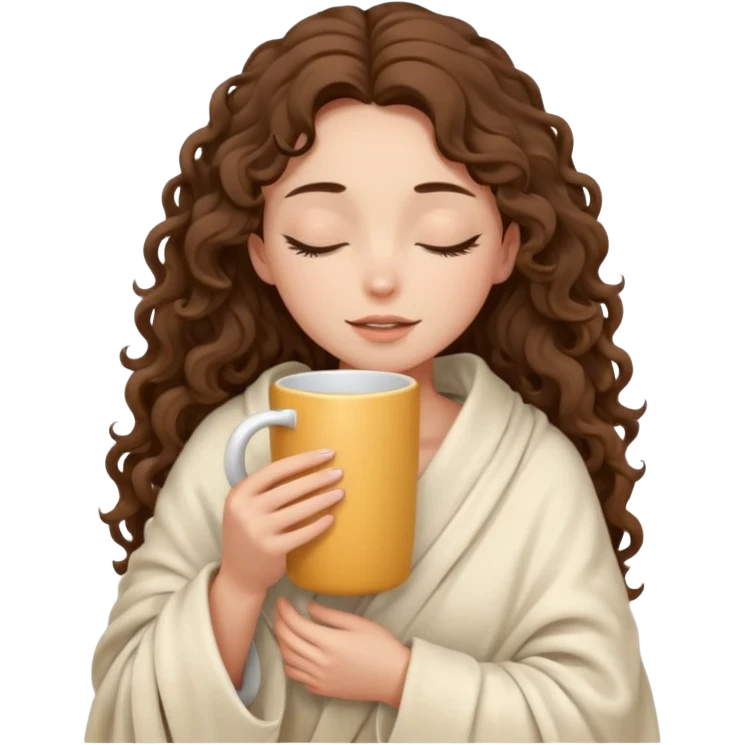 slender girl with fair skin with long curly brown hair wrapped in a cream blanket in her hands a white mug eyes closed emoji