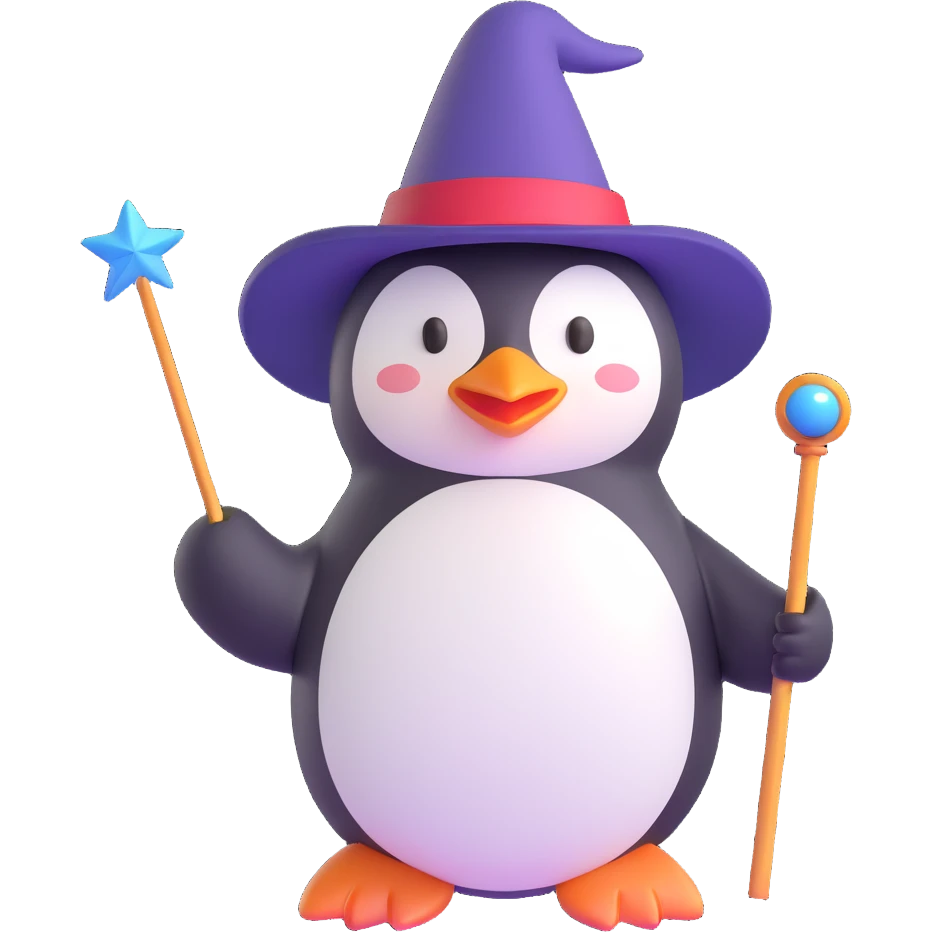 A penguin wizard with a wide-brimmed hat and a magic wand emoji