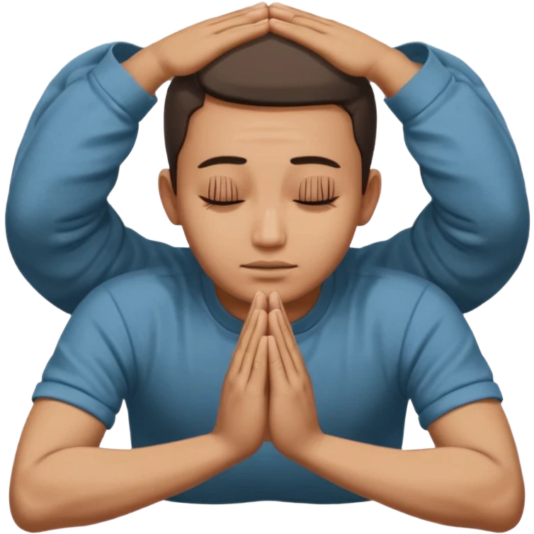 apple style emoji of a man lying face down on the ground with hands pressed together in a prayer-like gesture above his head, pose suggests deep submission, apology, or asking for forgiveness, with Thai text above the person emoji