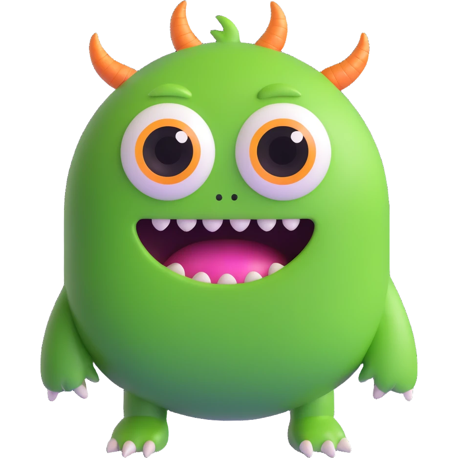 3D cute green monster, round body, no teeth, big eyes emoji