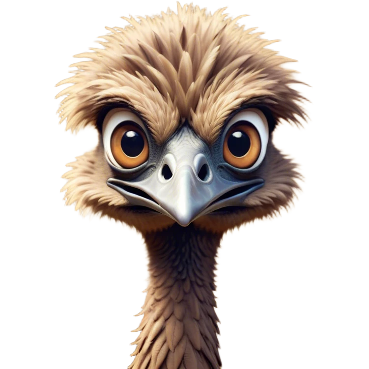 Cinematic Comical Emu Portrait Emoji, Head tilted dramatically with an exaggeratedly amused expression, featuring a striking, textured brown plumage with a comically small head and wide, expressive eyes full of playful disbelief, Simplified yet hilariously expressive features, highly detailed, glowing with a slightly sassy glow, high shine, dramatic yet playful, stylized with an air of cheeky outback mischief, bright and endearing, soft glowing outline, capturing the essence of a spirited and over‐the‐top emu, so meme‐worthy it feels like it could squawk its way into internet fame instantly! emoji