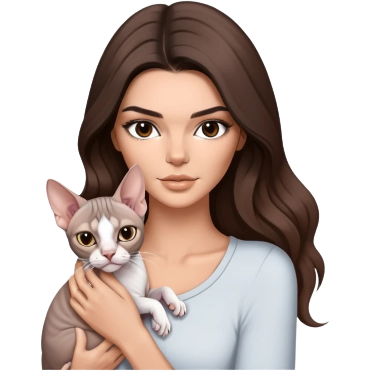 Kendall Jenner with long hair holding a white  grey Sphynx Cat emoji