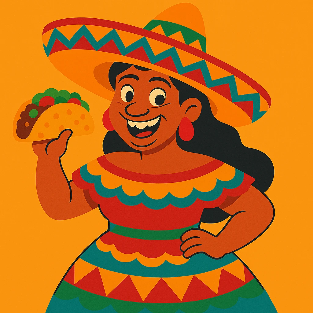 Make the Mexican woman appear more ugly by exaggerating unattractive features, while keeping the sombrero and taco, in vibrant toon style. emoji
