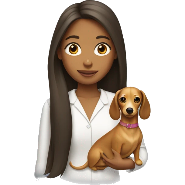 girl with long brunette hair holding a blonde wiener dog emoji