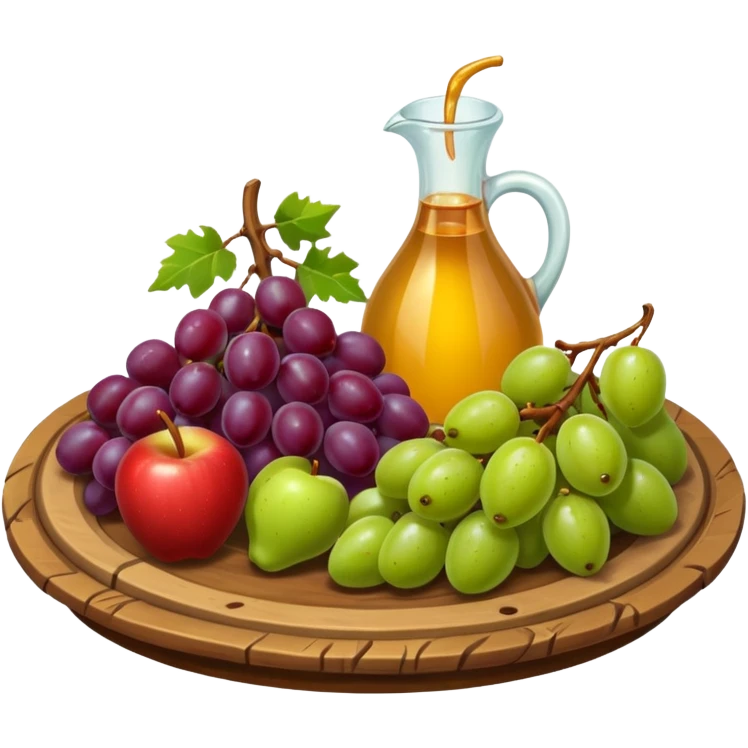 medieval fruit platter object icon, grapes apples pears, rustic plate, small honey drizzle, cozy medieval vibe, 3D cartoon, mobile game icon style, clean background, no text, no watermark
 emoji