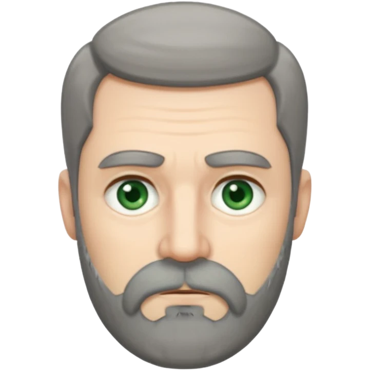 Greenish grey eyed adult man with tired look. Short dark grey hair, poor amount. He has a very long beard hanging. Pale skin. He's serious and looks tired. Make sure his hair and beard are both dark gray. Not redhead. emoji