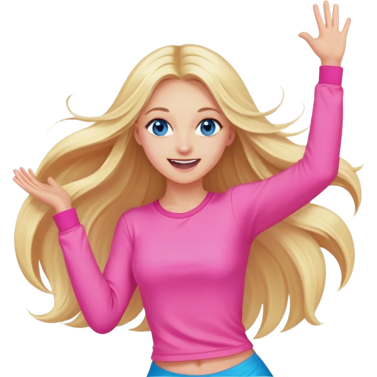 Pretty Blonde with long hair model, blue eyes In pink clothes super excited and happy dance emoji