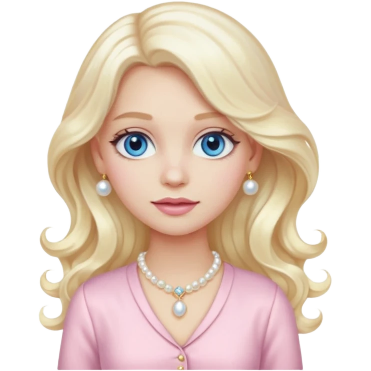 stylish girl emoji with long wavy platinum blonde hair, blue eyes, pale peachy-pink skin, pastel pink fancy outfit #f3c3cf, pearl hair clip, and gold jewelry emoji
