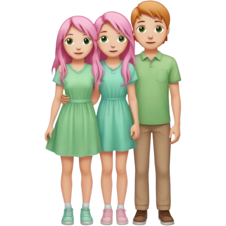 full-length happy couple, girl with long pink hair and green eyes in pastel dress, boy with light brown hair in casual shirt emoji