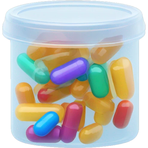 Small translucent plastic container with pills inside emoji