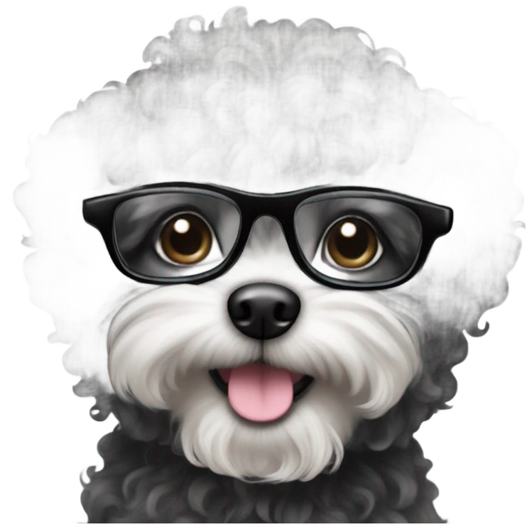 Black curly small dog with glasses emoji