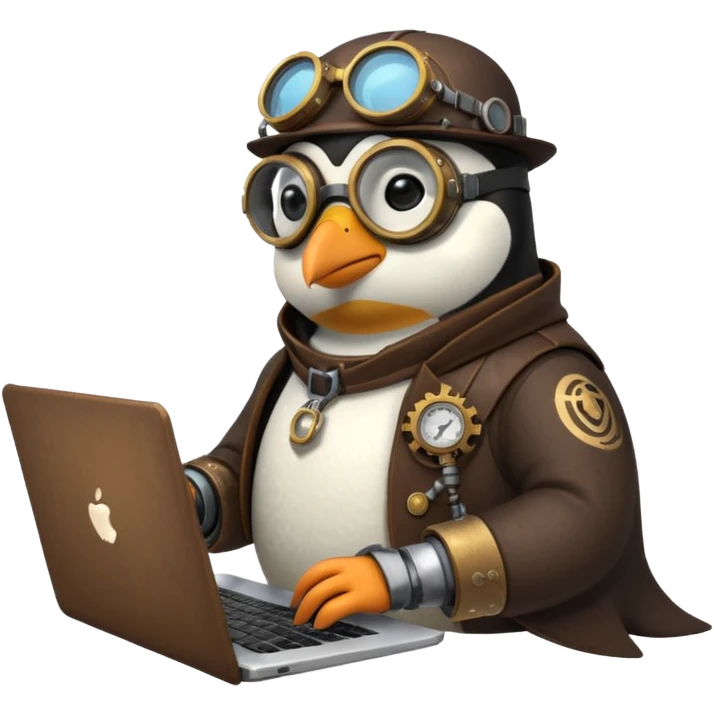 an steampunk engineer penguin writing code on a laptop emoji