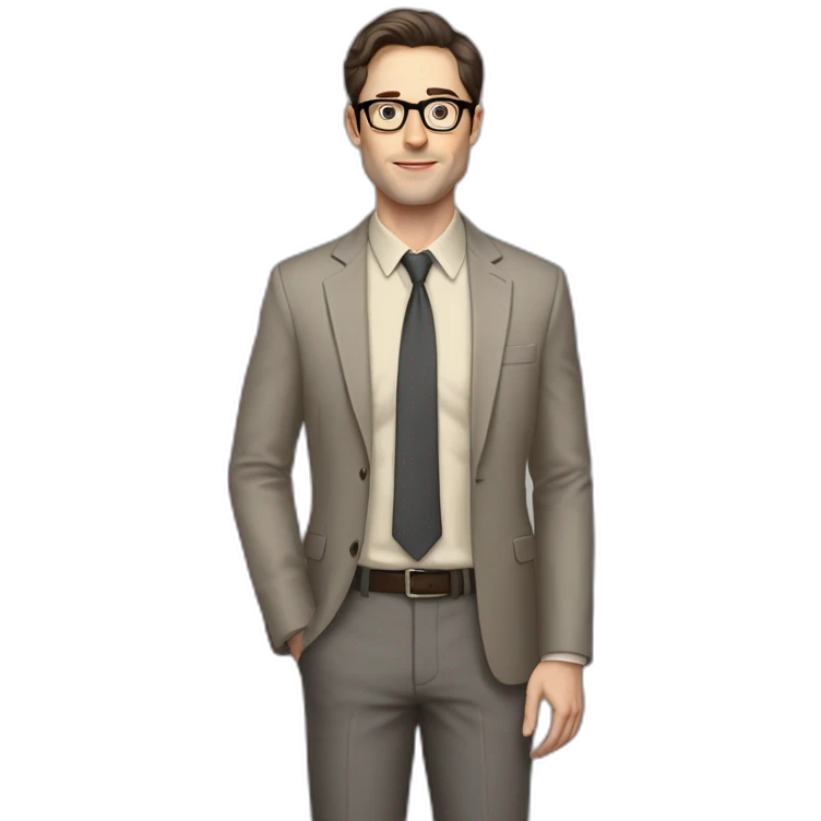 Full height Pale skinned Fit Man With dark brown hair in gray jacket, beige office shirt, tie, Brown pants and vintage glasses. Thrumbs of his palms directed up emoji