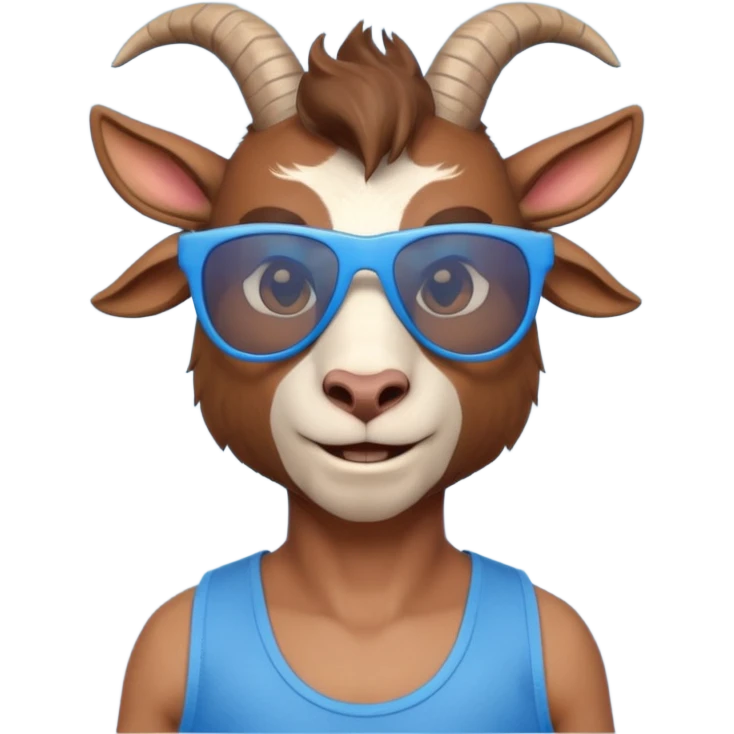 3D cartoon goat man portrait, head and shoulders, brown fur, small horns, blue reflective sunglasses, slight smile, tank top, soft lighting, centered, clean background, no text, no watermark
 emoji