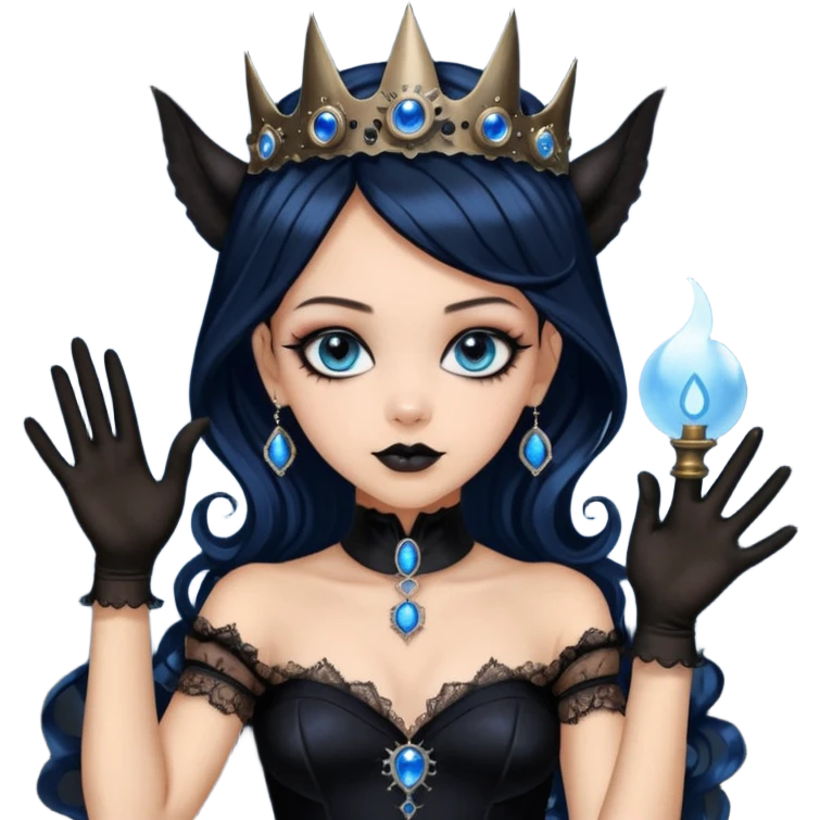 Slim fitting seductively dressed, Holed and worn Lavish black evening gown with see-through wispy black gloves, holding pose witchy Jenna Ortega as student Addams woman wearing a steampunk style mini tiara, very large blue evil-looking horned old evil eyes  emoji