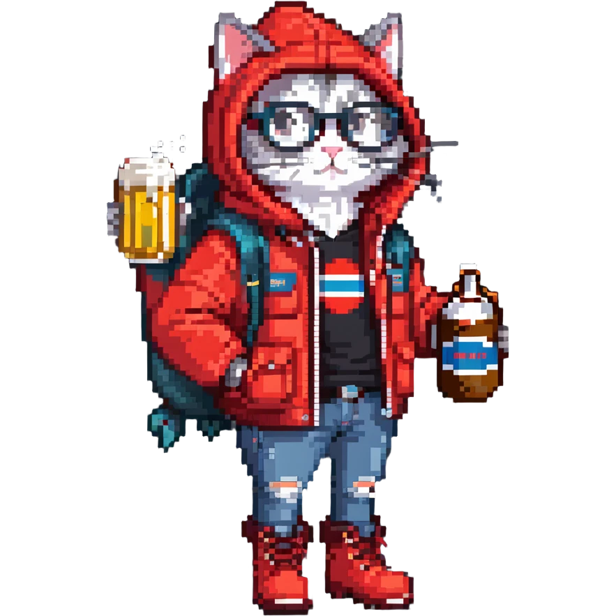 Catfish in red winter jacket with hood, round glasses, blue jeans, red boots, holding a beer can with red label, retro game style emoji