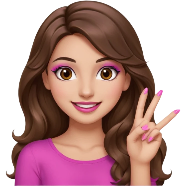 girl with long wavy brown hair, brown eyes, long lashes makeup, sexy pink lips, light to medium complexion, pink sexy top, smiling, hand by the cheek snapping fingers emoji