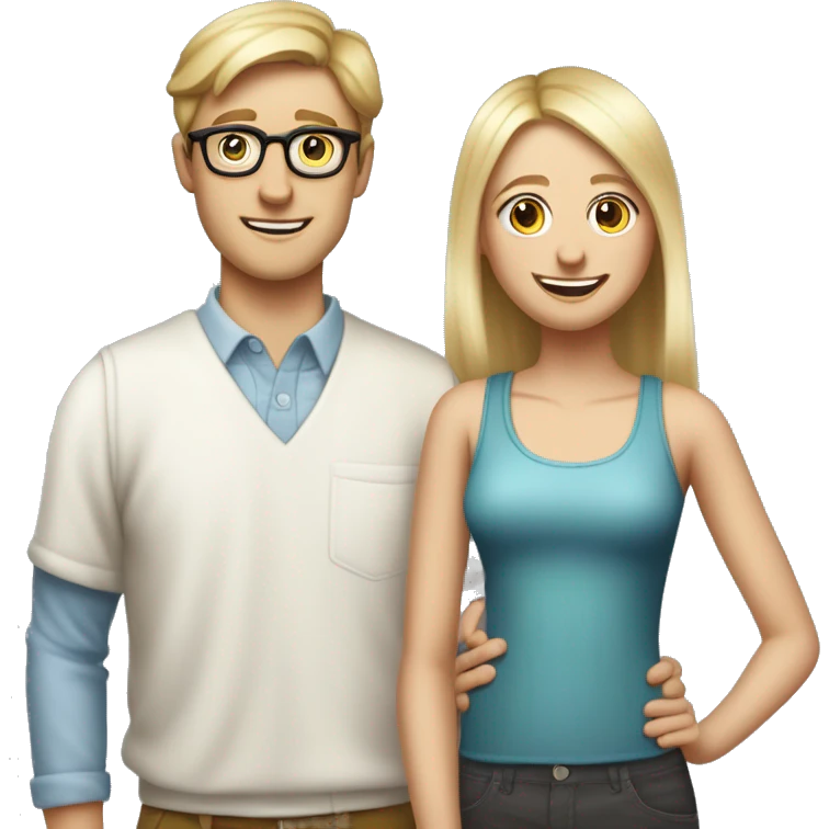 Create an iPhone-style emoji of a nerdy, skinny, white blond guy in his mid-20s with glasses and braces, standing behind his shorter adopted sister, hands on her shoulders, smiling menacingly at her. emoji