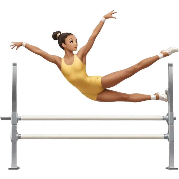 Professional gymnast performing a dynamic routine on parallel bars, captured mid-air in an elegant flip. The background features a well-lit gymnastics arena with a cheering audience. The athlete's posture and expression convey strength, control, and perfect coordination. emoji