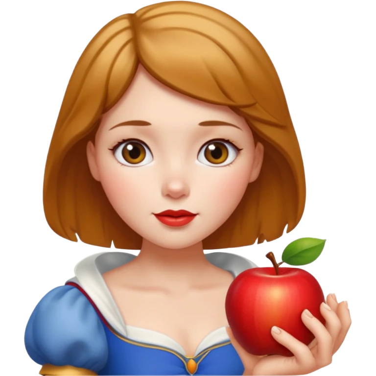 Create an emoji of Snow White holding a red apple, with short golden-brown hair. emoji