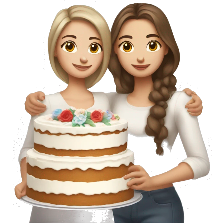 Russian girl with wavy hair and Russian girl with brown straight hair together holding big white cake emoji