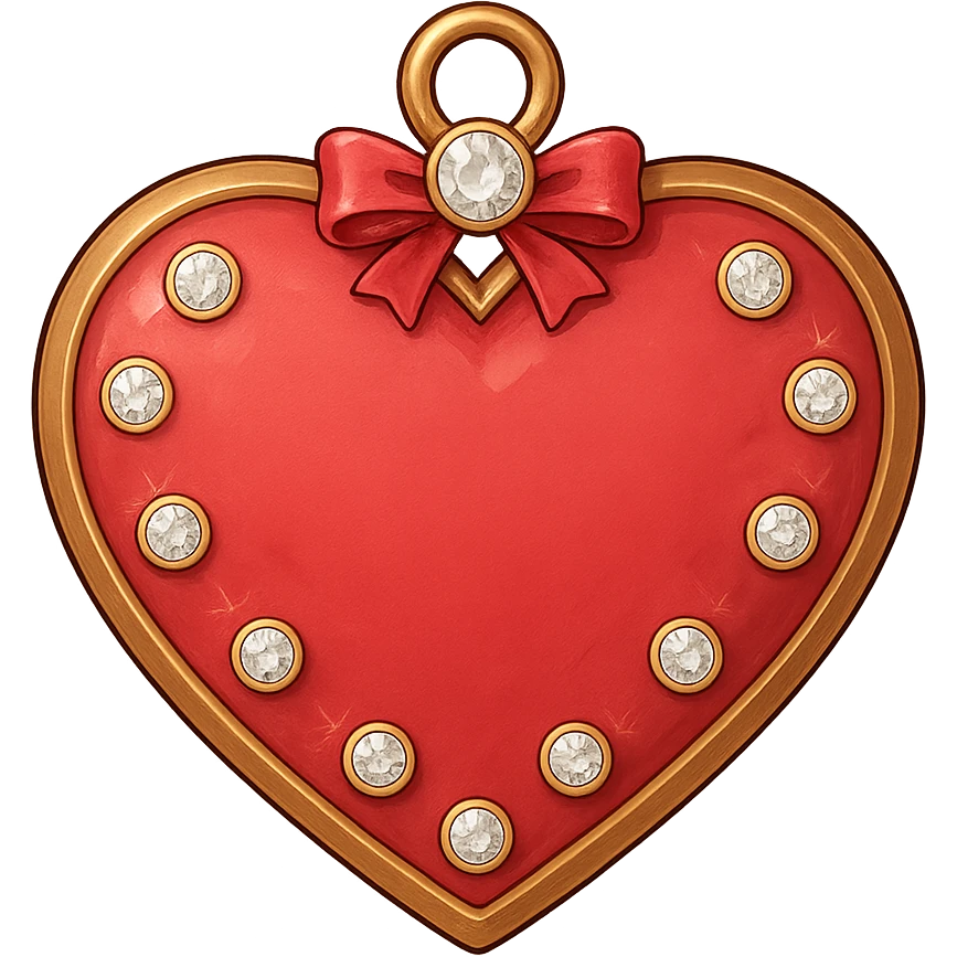 Add a small ribbon to the tiny red heart, pastel red enamel, sparkling gems, soft glowing effect, no background, in a general style. emoji
