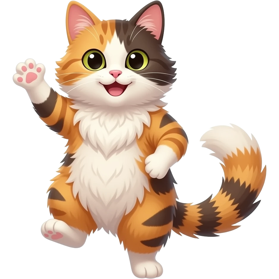 smiling very long-haired calico cat dancing and waving emoji
