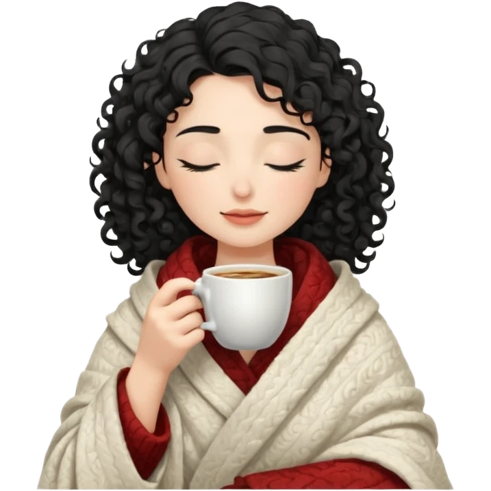 Gözleri kapalı, beyaz tenli ve kıvırcık siyah saçlı saç boyu orta omuzlarında bir kadın avatar, battaniyeye sarılmış halde beyaz bir Türk kahvesi fincanından içeceğini huzurla yudumluyor. emoji