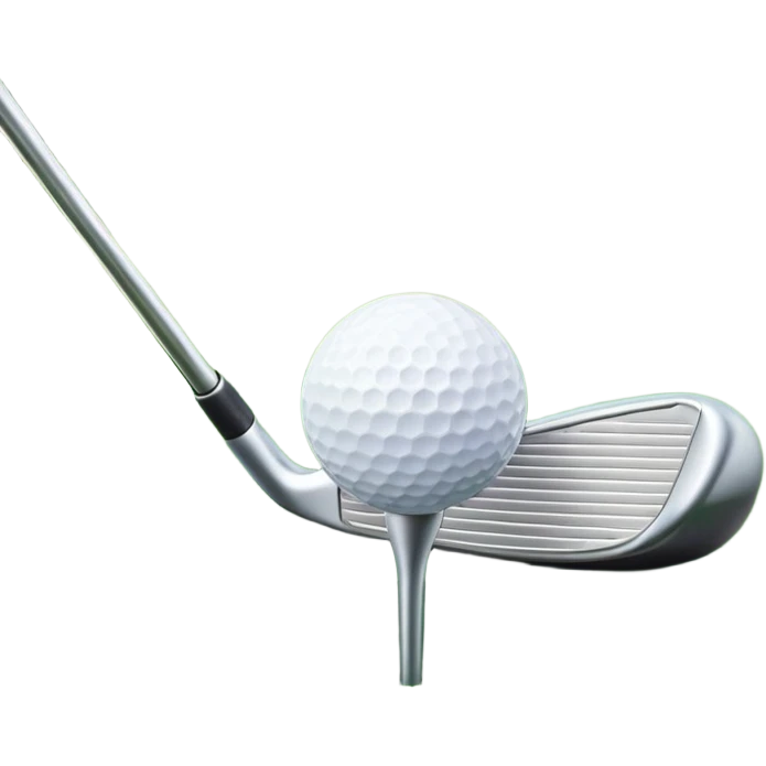 A golf ball on a tee, with a golf club placed beside it on the lush green fairway. The background shows a serene golf course with neatly trimmed grass and a clear blue sky, emphasizing the elegance and precision of the game. emoji