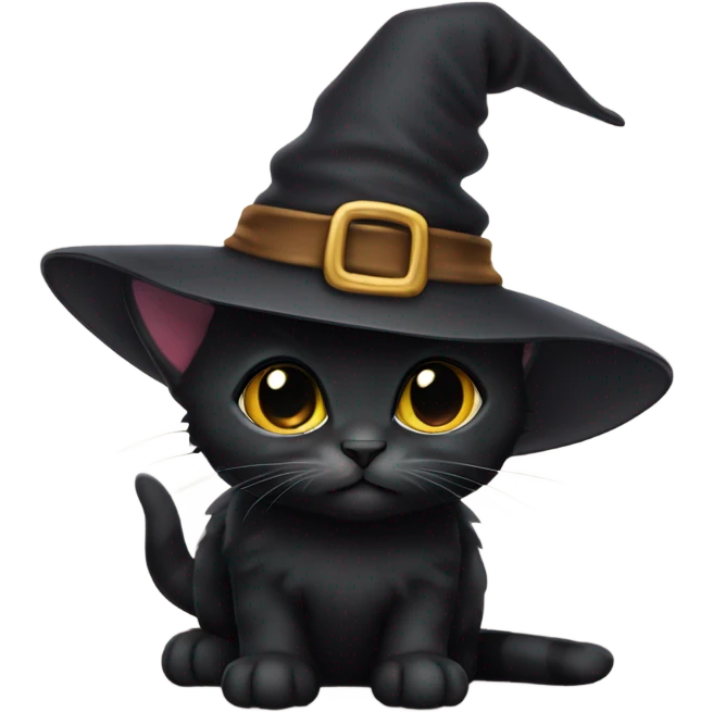 Small black kitten wearing a witch hat emoji