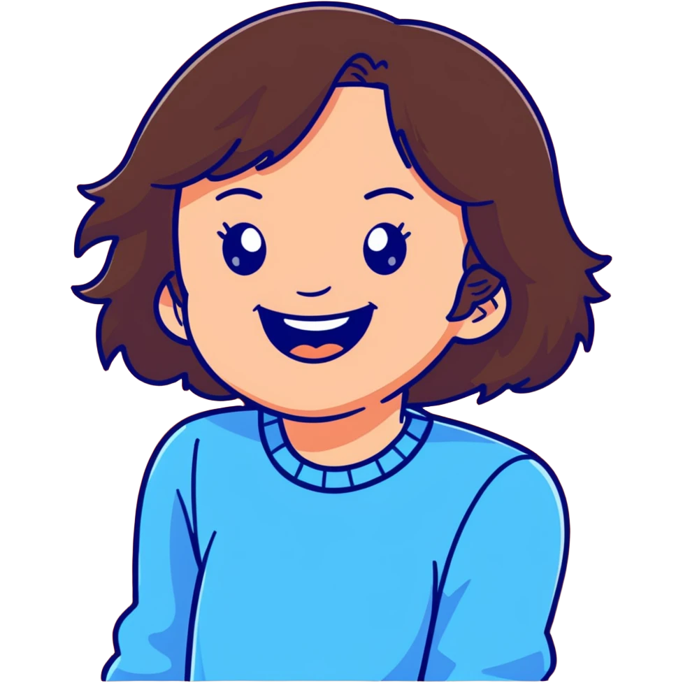 brunette girl with brown hair wearing pastel blue clothes laughing joyfully emoji