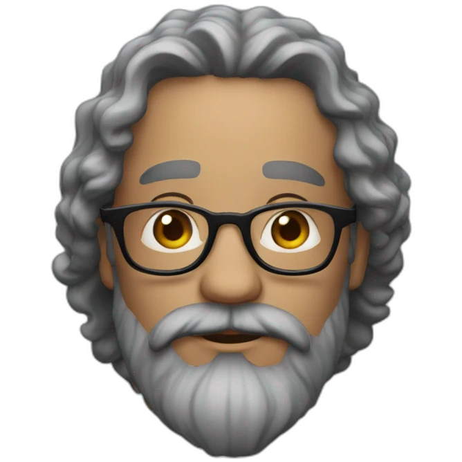 man with a beard and long dark curly hair, with square, red glasses and slightly gray beard emoji