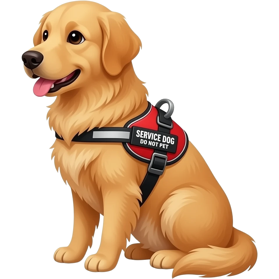 A golden retriever sitting down with a bright red guide dog harness that says SERVICE DOG and DO NOT PET emoji