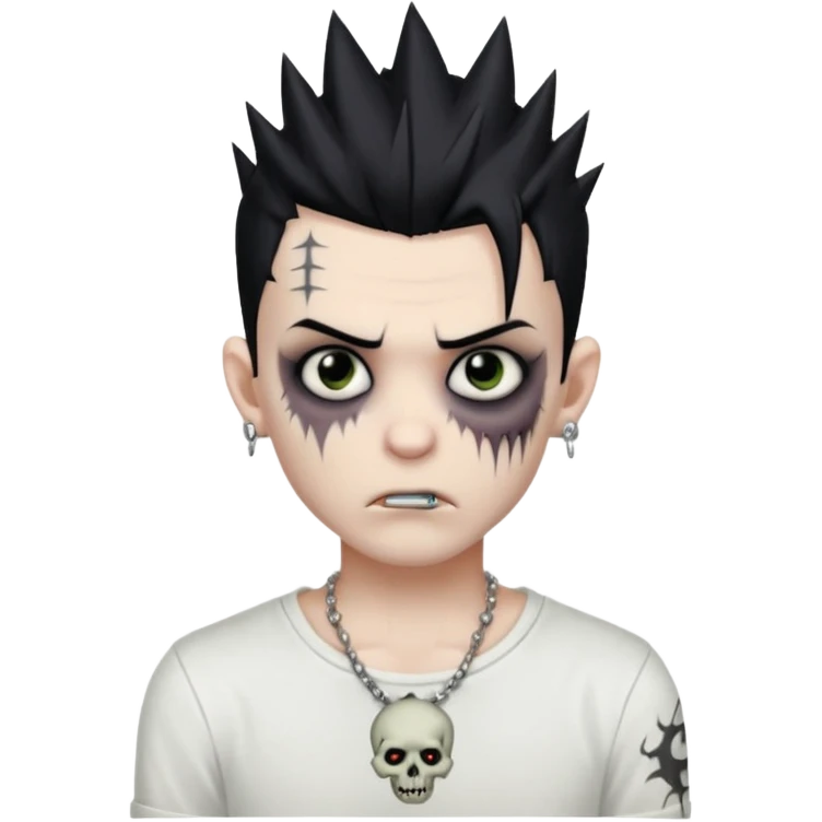 zombie boy with spiky emo black hair and white shirt , tattos, a risk on the eyebrow, earings,  a necklace emoji  emoji