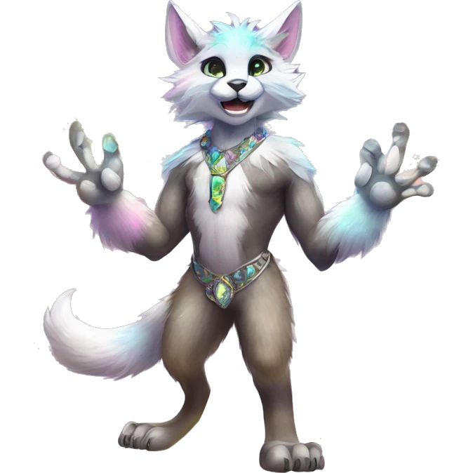 Furry, sparkle, iridescent, colorful, pastel, edgy, cool, fantasy beautiful, divine, animal, anthro, full body, fursona, protogen, feline emoji