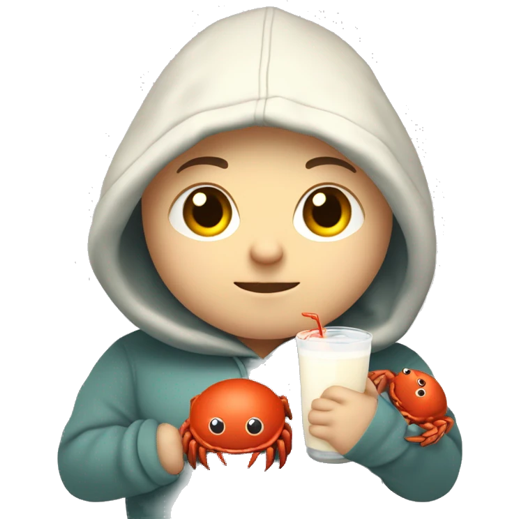 chubby, light hair, short hair, combover, hoodie, holding crab mascot from rust programming language. And a sweet milk in the other hand emoji