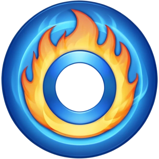 A minimalist CD disc with a subtle fire design, blue flames, with a circle in the middle and a hole in the center emoji