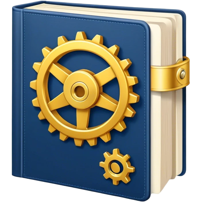 Un libro azul navy con detalles dorados, bordes metálicos y un gear dorado con una flecha ascendente como productividad en la portada, irradiando productividad, estrategia y éxito en movimiento emoji
